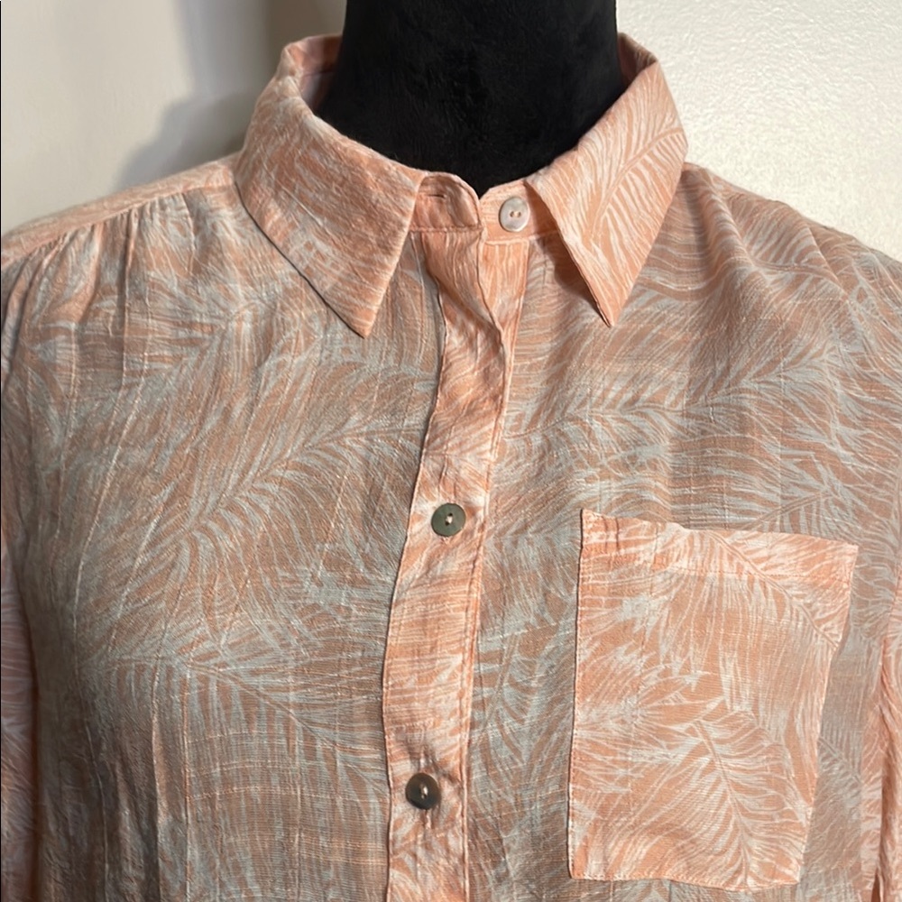 New Directions Orange and White Casual Button Down Shirt Tropical Print